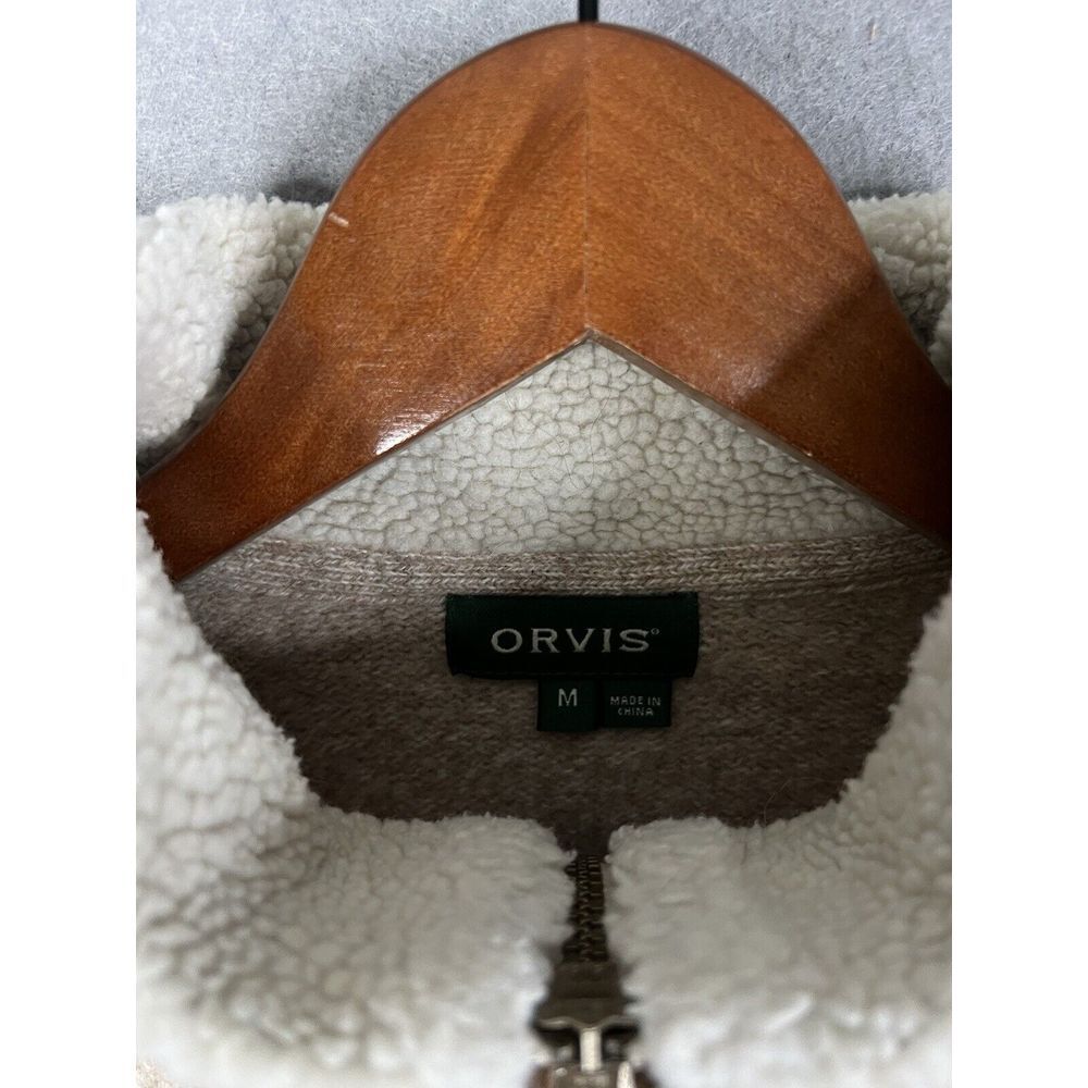 Orvis Sweater Mens Large Beige Stowe 1/4 Zip Lambs Wool Sherpa Leather Collar - Picture 6 of 9